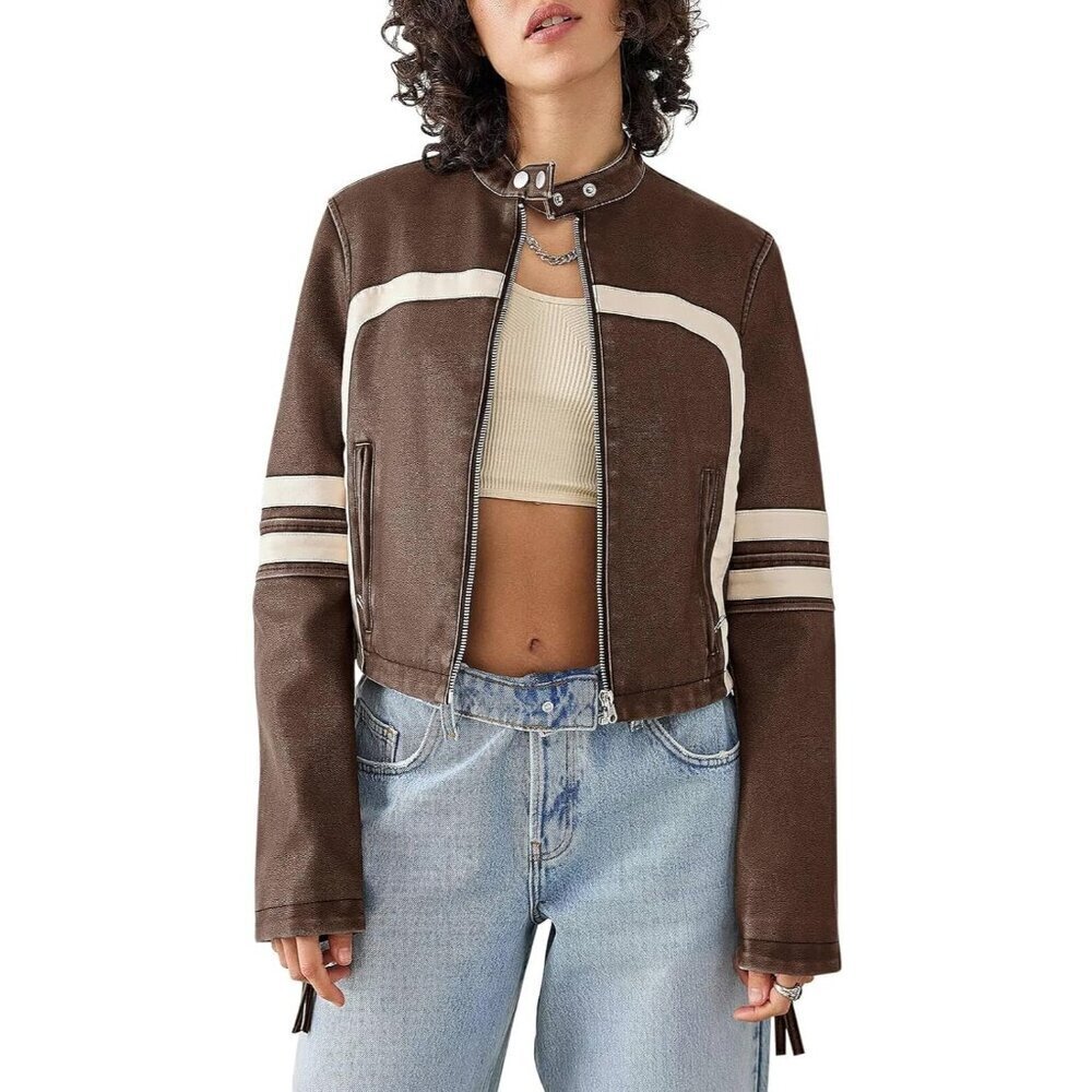 🆕Women Brown Faux Leather Zip Up Cropped Jacket Stand Collar Moto Coat